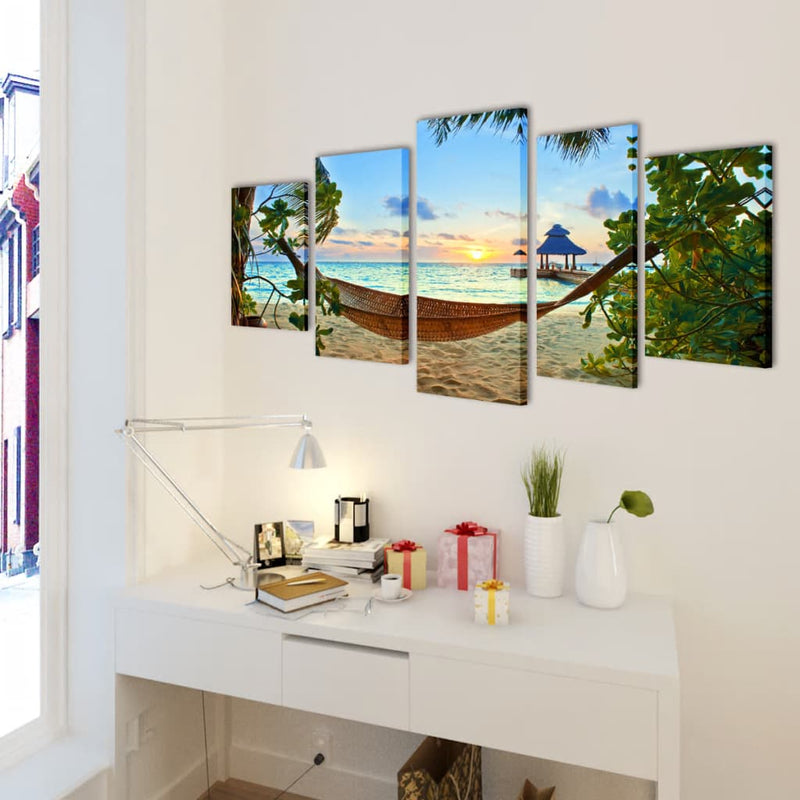 Laden Sie das Bild in Galerie -Viewer, Vidaxl canvas muurdruk set zandstrand met hangmat 100 x 50 cm