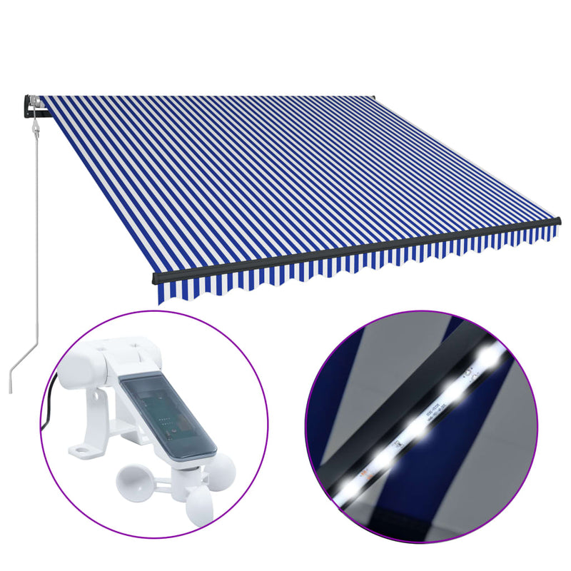 Load image into Gallery viewer, VidaXL Luifel met windsensor en LED 300x250 cm blauw en wit