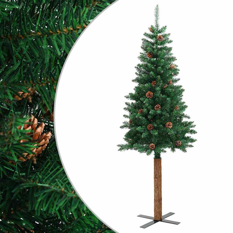 Load image into Gallery viewer, Vidaxl kerstboom met echt hout en dennenappels smal 150 cm pvc groen