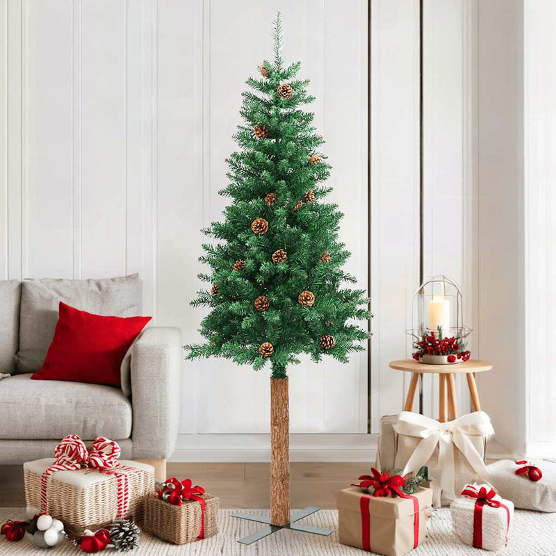 Laden Sie das Bild in Galerie -Viewer, Vidaxl kerstboom met echt hout en dennenappels smal 180 cm pvc groen