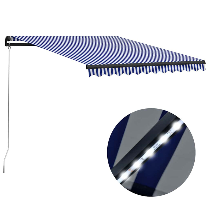 Load image into Gallery viewer, Vidaxl luifel handmatig uittrekbaar met led 300x250 cm blauw en wit