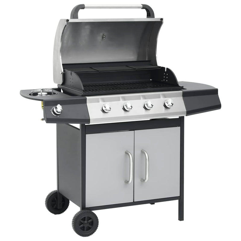 Load image into Gallery viewer, Vidaxl gasbarbecue 4+1 kookzone staal en roestvrij staal zwart zilver