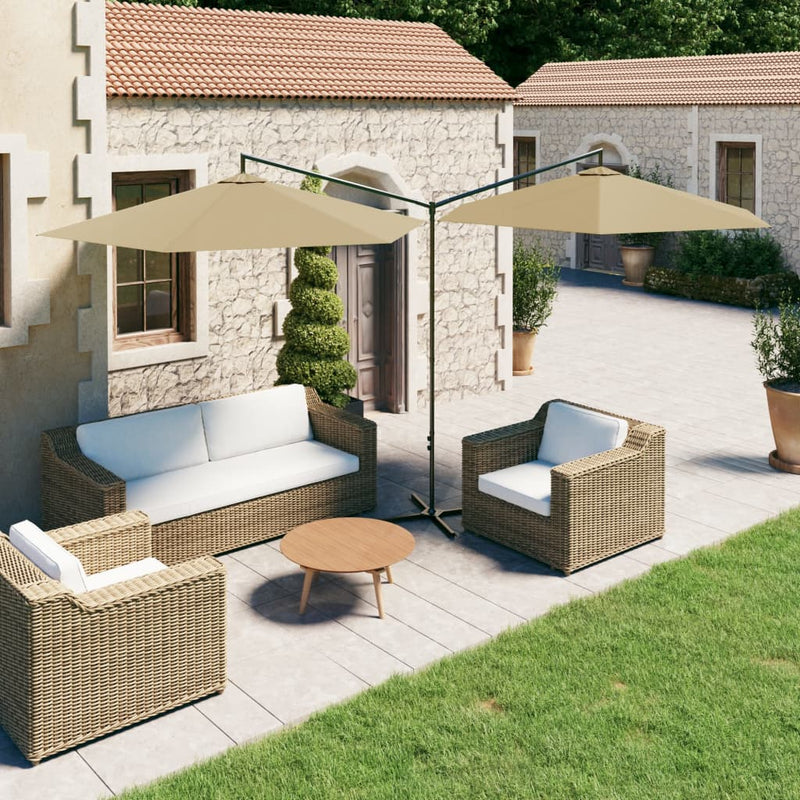 Laden Sie das Bild in Galerie -Viewer, Vidaxl parasol dubbel met stalen paal 600 cm taupe