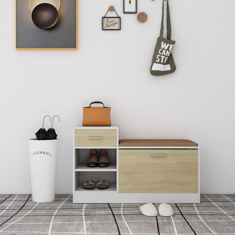 Load image into Gallery viewer, Vidaxl schoenenbank 94,5x31x57 cm bewerkt hout wit sonoma eikenkleurig