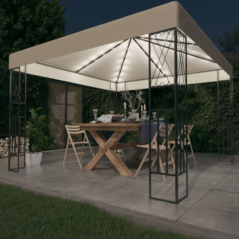 Load image into Gallery viewer, Vidaxl prieel met led-lichtslinger 3x3 m stof crèmekleurig