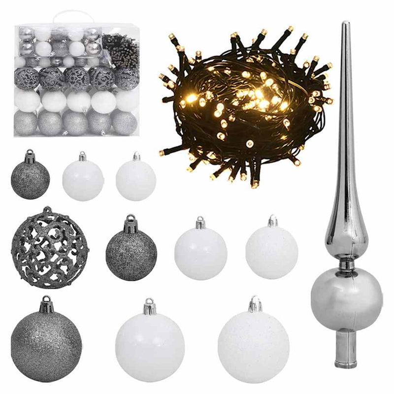 Load image into Gallery viewer, Vidaxl 120-delige kerstballenset met piek en 300 led's wit en grijs