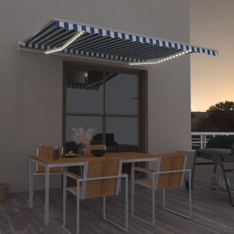 Load image into Gallery viewer, Vidaxl luifel handmatig uittrekbaar met led 400x300 cm blauw en wit