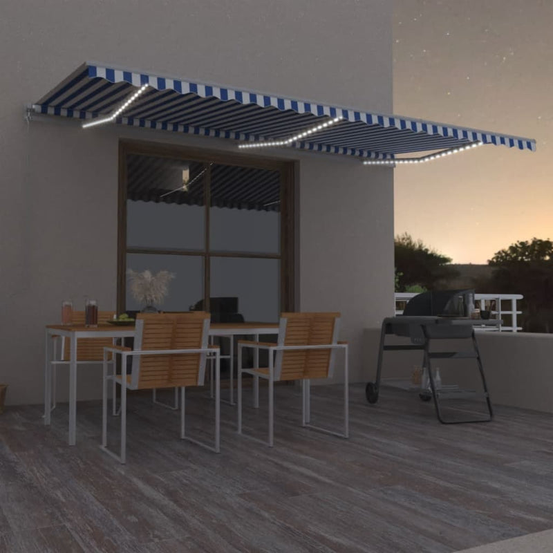 Load image into Gallery viewer, VidaXL Luifel handmatig uittrekbaar met LED 600x350 cm blauw en wit