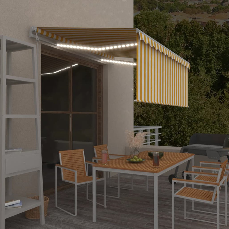 Load image into Gallery viewer, Vidaxl luifel met rolgordijn, led en windsensor 3,5x2,5 m geel en wit