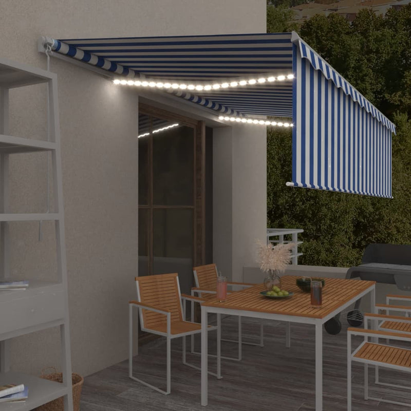 Load image into Gallery viewer, VidaXL Luifel handmatig uittrekbaar met rolgordijn LED 5x3 m blauw wit