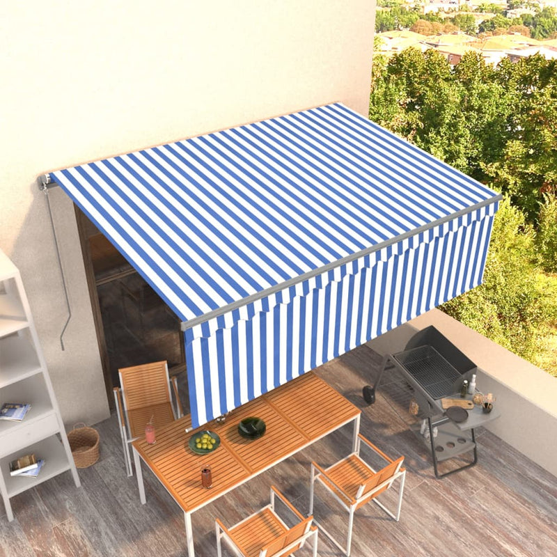 Load image into Gallery viewer, Vidaxl luifel handmatig uittrekbaar met rolgordijn led 4x3 m blauw wit