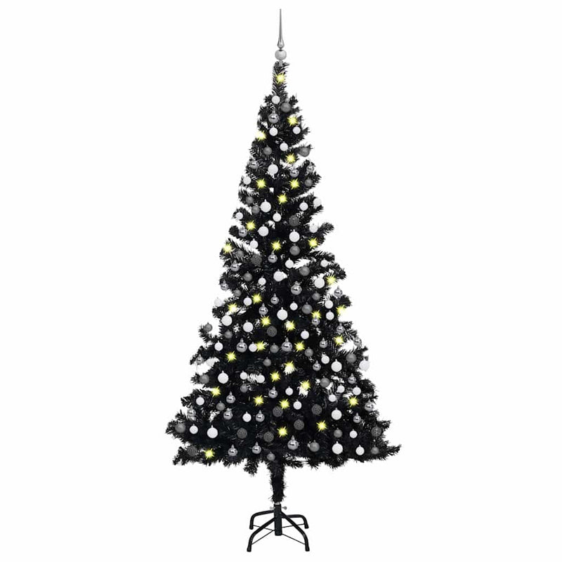 Afbeelding laden in galerijviewer, Vidaxl kunstkerstboom met verlichting en kerstballen 210 cm pvc zwart