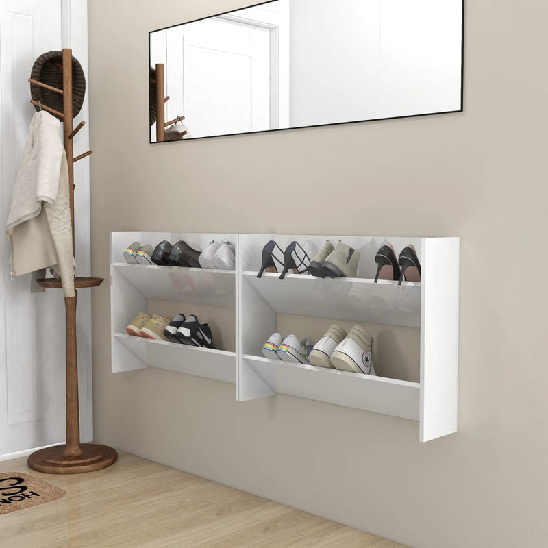 Afbeelding laden in galerijviewer, VidaXL Wandschoenenkasten 2 st 80x18x60 cm bewerkt hout hoogglans wit
