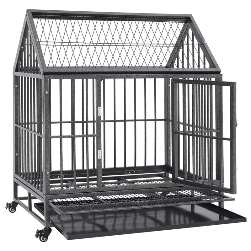 Load image into Gallery viewer, Vidaxl hondenbench met wielen en dak 92x62x106 cm staal