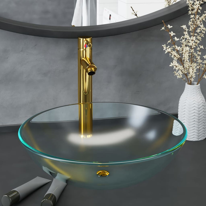 Load image into Gallery viewer, Vidaxl wastafel met kraan en pop-up afvoer mat gehard glas