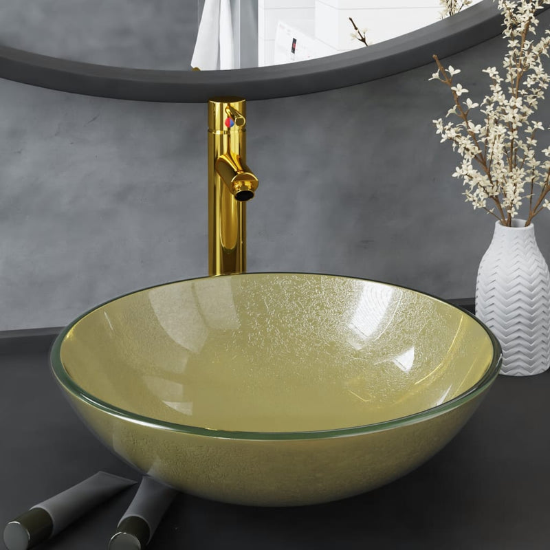 Load image into Gallery viewer, Vidaxl wastafel met kraan en pop-up afvoer gehard glas goudkleurig