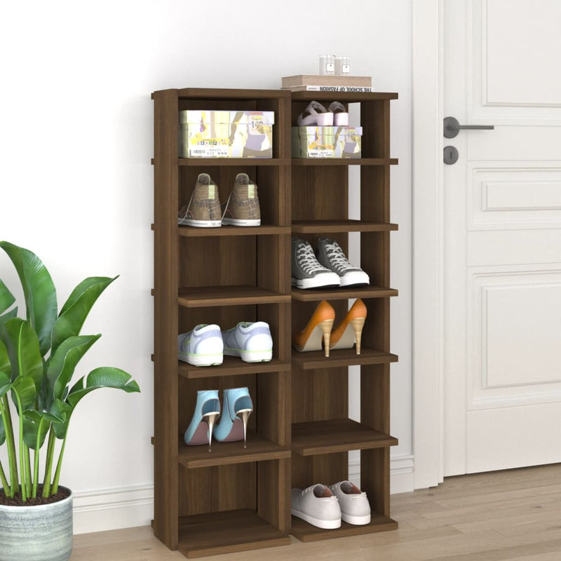 Load image into Gallery viewer, Vidaxl schoenenrekken 2 st 27,5x27x102 cm bewerkt hout bruineiken