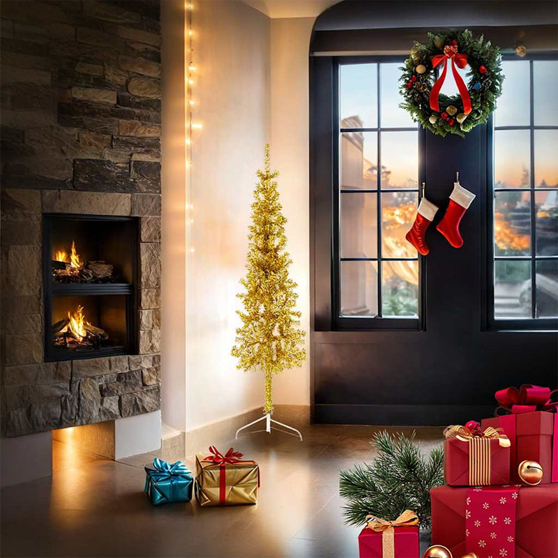 Load image into Gallery viewer, Vidaxl kunstkerstboom half met standaard smal 150 cm goudkleurig