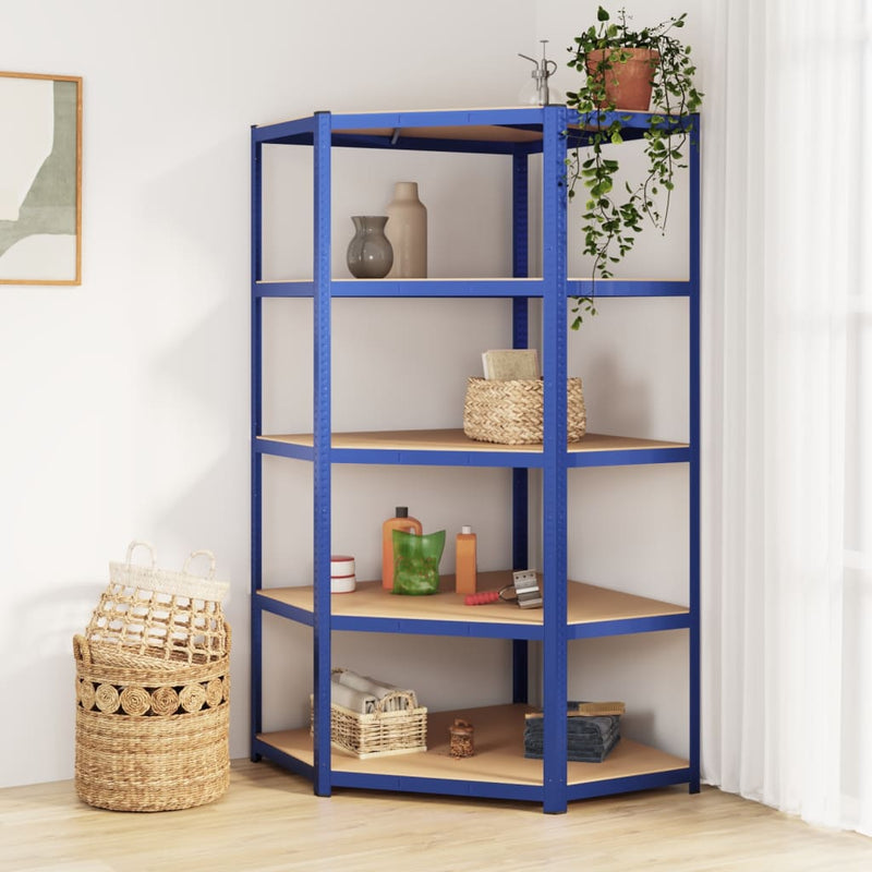 Afbeelding laden in galerijviewer, Vidaxl hoekrek 5-laags staal en bewerkt hout blauw