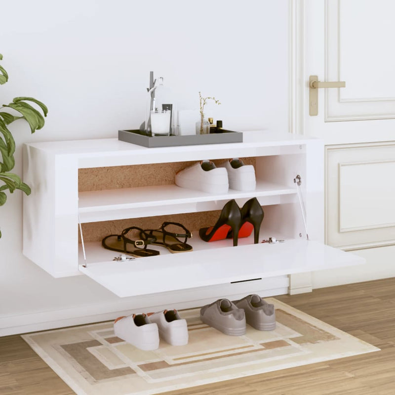 Load image into Gallery viewer, Vidaxl wandschoenenkast 100x35x38 cm bewerkt hout hoogglans wit