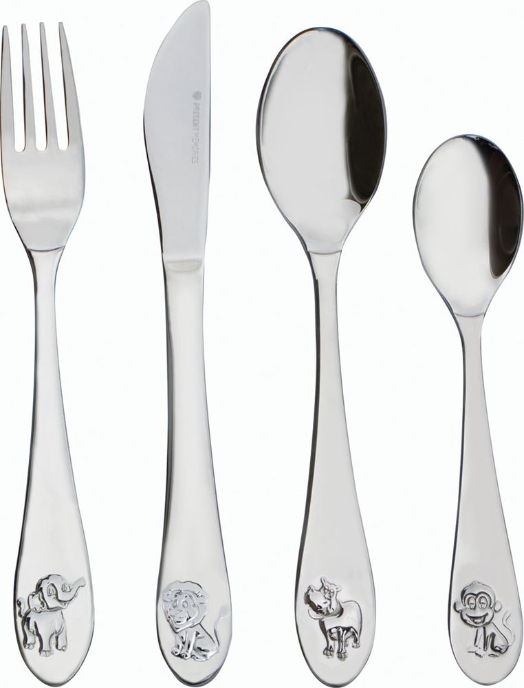 Afbeelding laden in galerijviewer, Kinderbestek - 4 delig - safari - zilver
