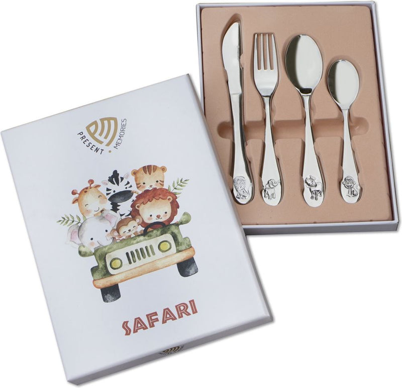 Afbeelding laden in galerijviewer, Kinderbestek - 4 delig - safari - zilver