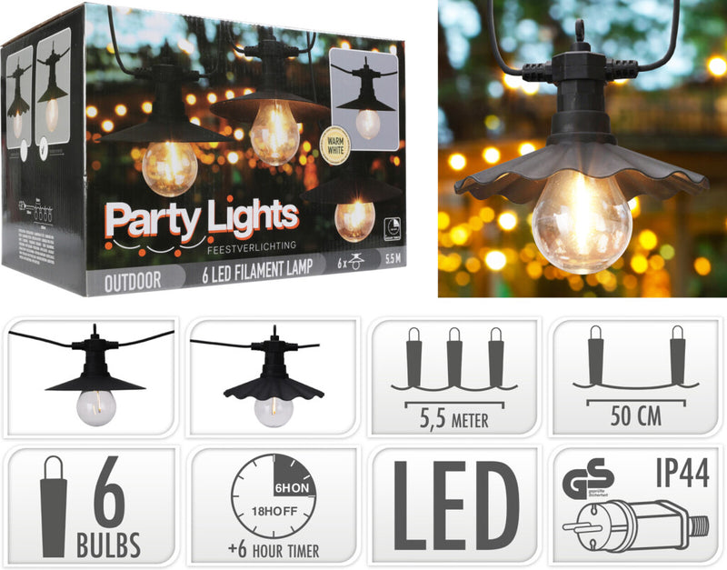Laden Sie das Bild in Galerie -Viewer, Pro garden party lights buitenverlichting 6 led filament lampen warm wit 5,5 meter feestverlichting voor buiten