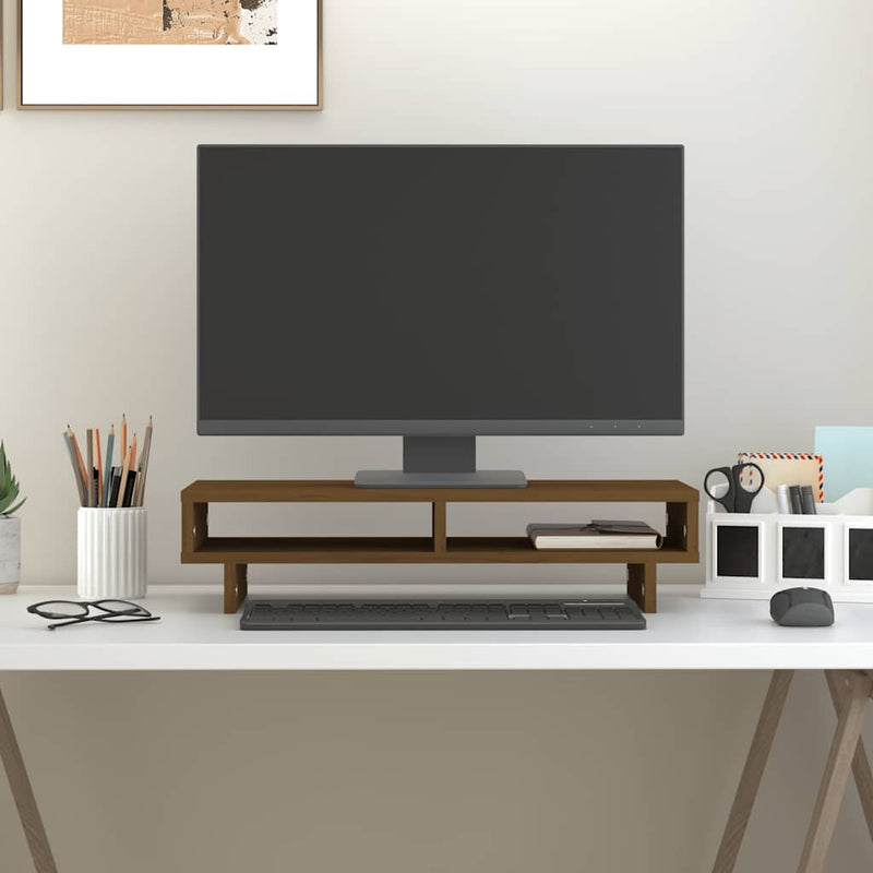 Laden Sie das Bild in Galerie -Viewer, Vidaxl monitorstandaard 60x27x14 cm massief grenenhout honingbruin