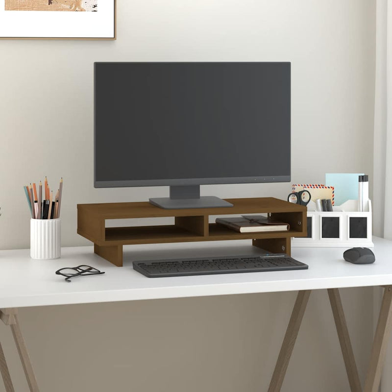 Laden Sie das Bild in Galerie -Viewer, Vidaxl monitorstandaard 60x27x14 cm massief grenenhout honingbruin