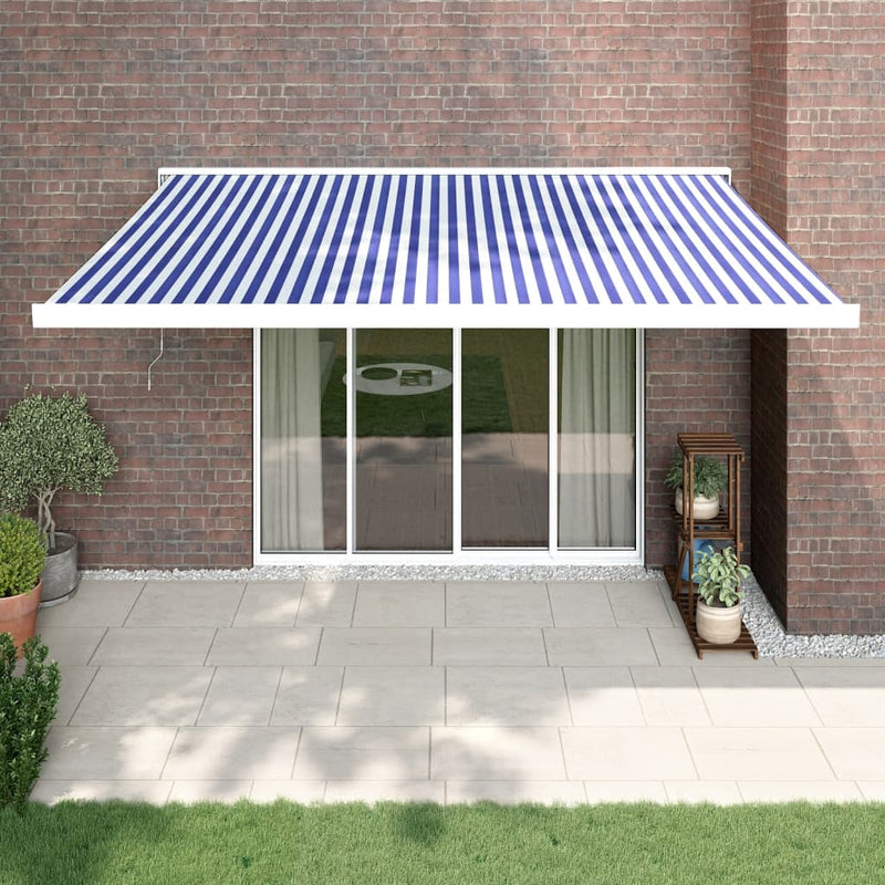 Load image into Gallery viewer, VidaXL Luifel uittrekbaar 4,5x3 m stof en aluminium blauw en wit