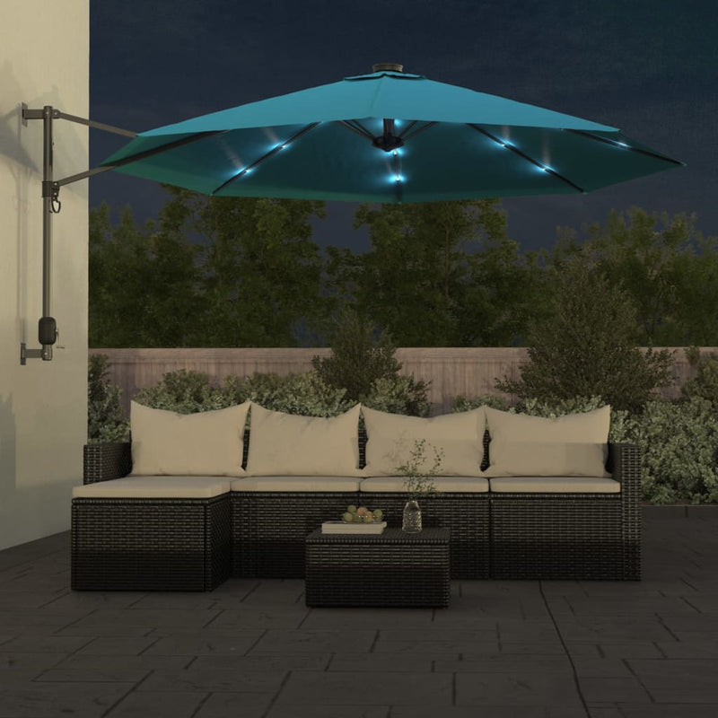 Laden Sie das Bild in Galerie -Viewer, Vidaxl wandparasol met leds 290 cm zeeblauw