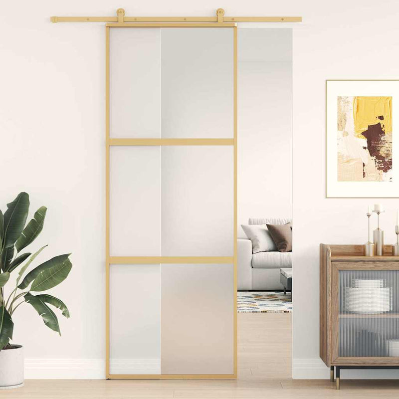 Afbeelding laden in galerijviewer, Vidaxl schuifdeur 76x205 cm mat esg-glas en aluminium goudkleurig