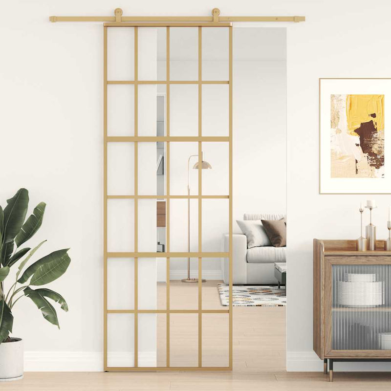Load image into Gallery viewer, Vidaxl schuifdeur 76x205 cm helder esg-glas en aluminium goudkleurig