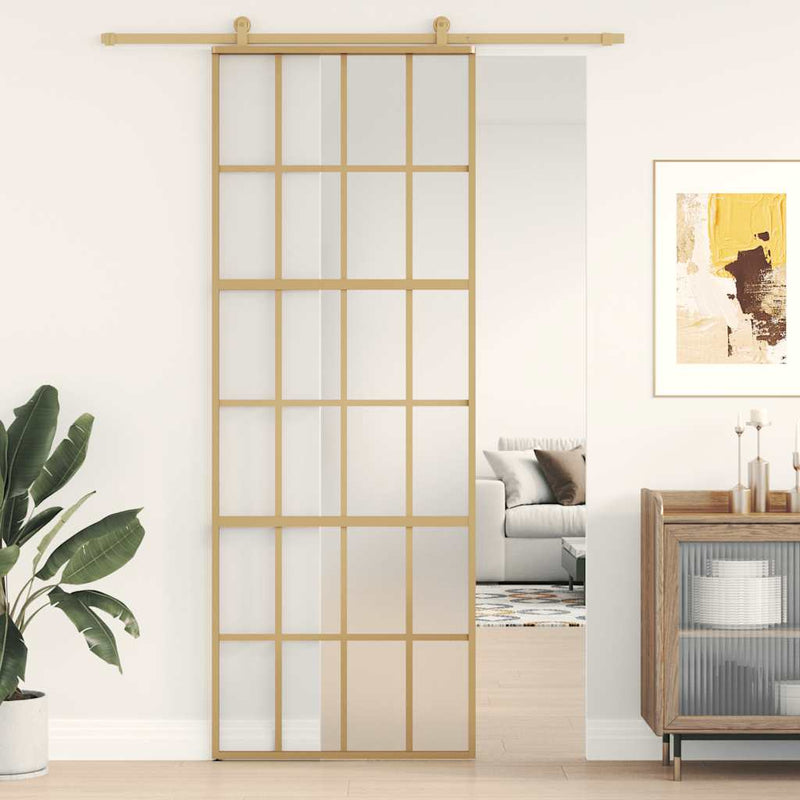 Load image into Gallery viewer, Vidaxl schuifdeur 76x205 cm mat esg-glas en aluminium goudkleurig