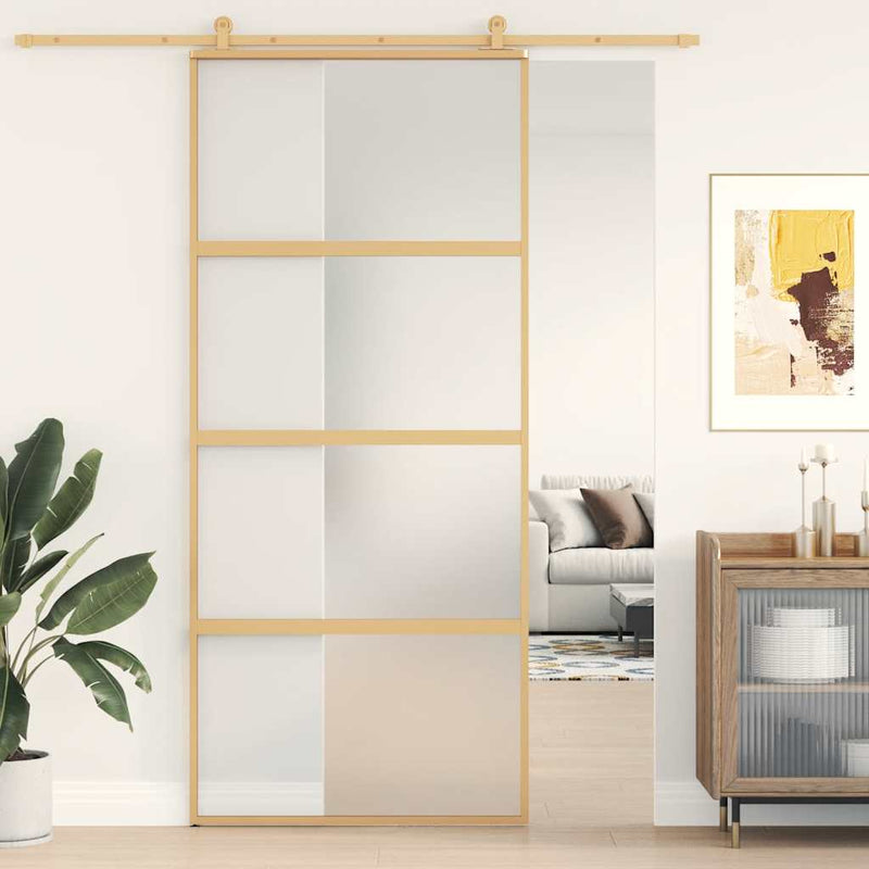 Load image into Gallery viewer, Vidaxl schuifdeur 90x205 cm mat esg-glas en aluminium goudkleurig