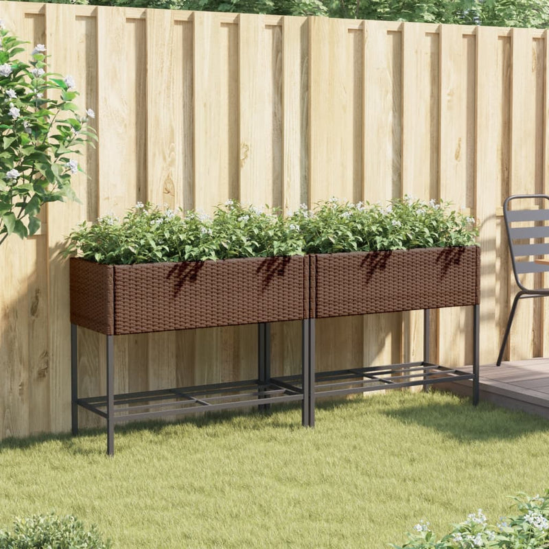 Load image into Gallery viewer, Vidaxl plantenbakken met schap 2 st 90x40x75 poly rattan bruin