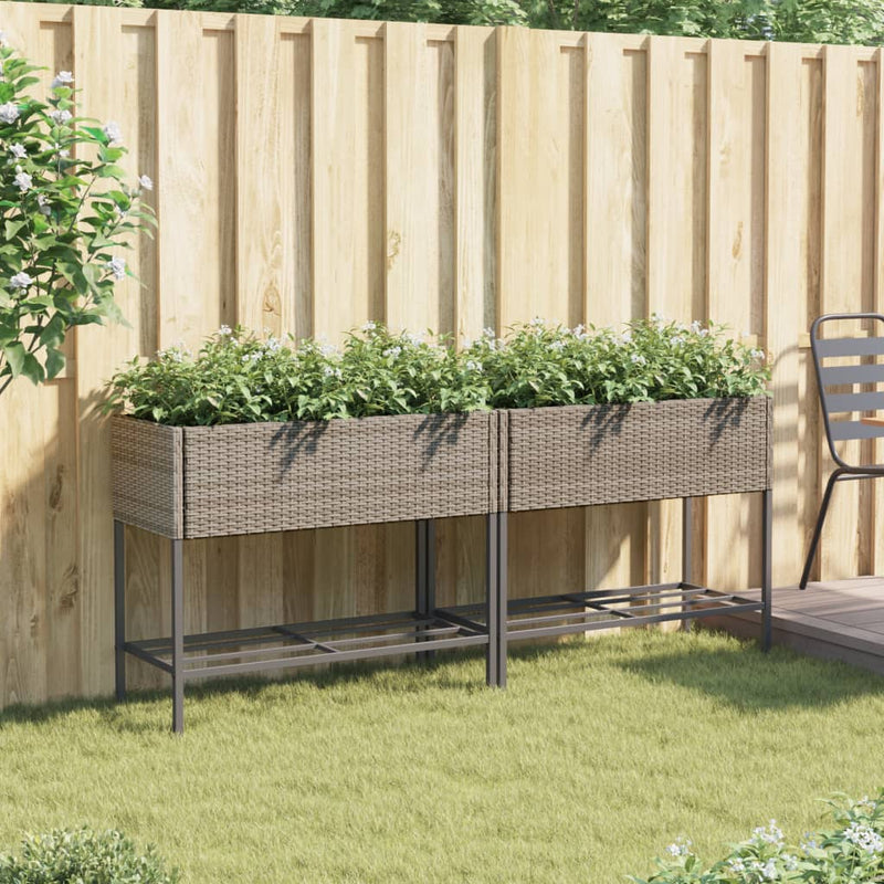 Load image into Gallery viewer, Vidaxl plantenbakken met schap 2 st 90x40x75 poly rattan grijs