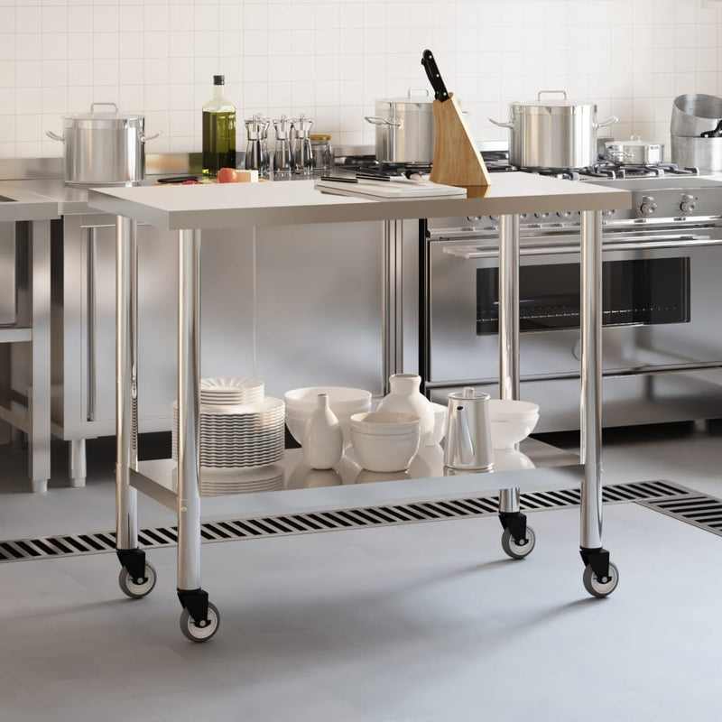 Afbeelding laden in galerijviewer, Vidaxl keukenwerktafel met wielen 110x55x85 cm roestvrij staal