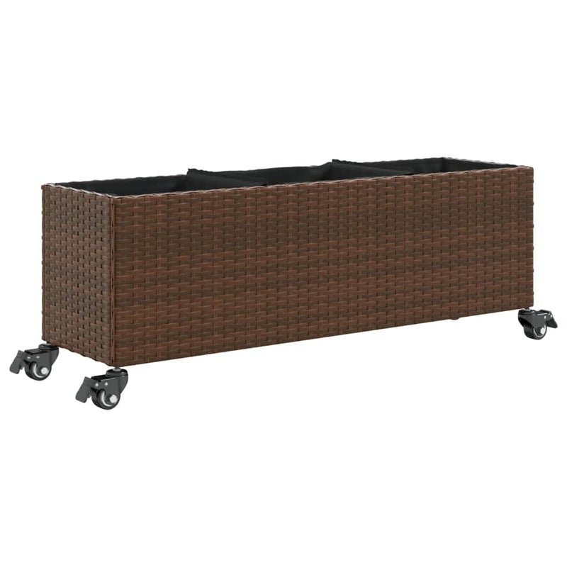 Chargez l'image dans la visionneuse de la galerie, Vidaxl plantenbak met wielen 3 potten 107x32x38 cm poly rattan bruin