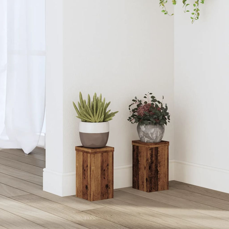 Load image into Gallery viewer, Vidaxl plantenstandaards 2 st 10x10x18 cm bewerkt hout oud houtkleurig
