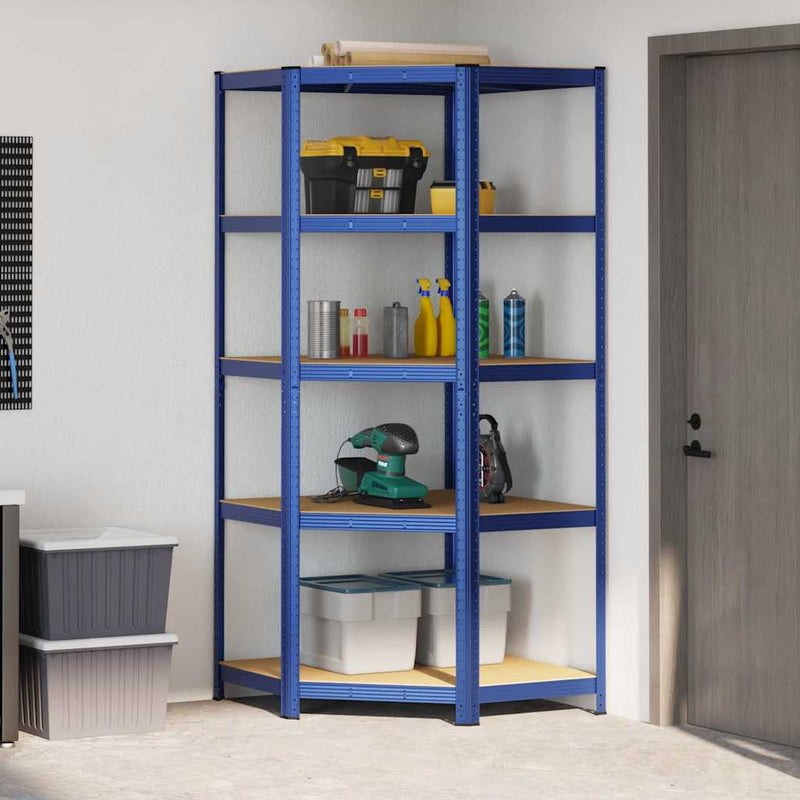 Afbeelding laden in galerijviewer, Vidaxl hoekrek 5-laags staal en bewerkt hout blauw
