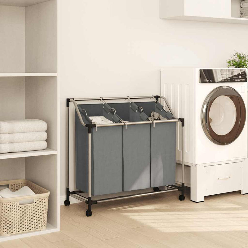 Chargez l'image dans la visionneuse de la galerie, Vidaxl wasmand met wielen 3 vakken grijs