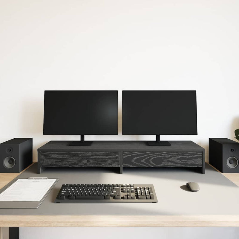 Afbeelding laden in galerijviewer, Vidaxl monitorstandaard met lades, zwart eiken, 100 x 27 x 15 cm, bewerkt hout