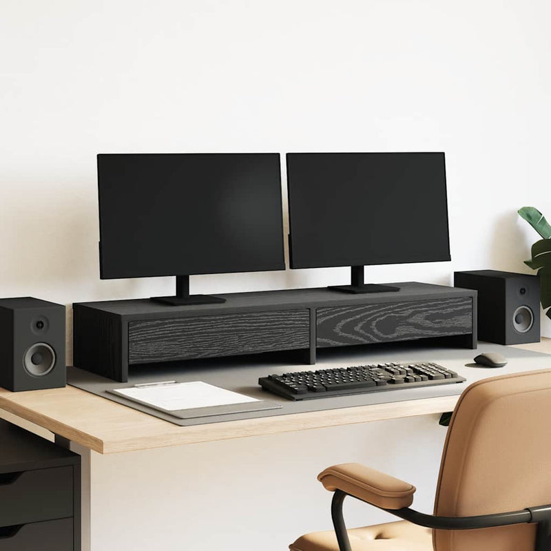 Afbeelding laden in galerijviewer, Vidaxl monitorstandaard met lades, zwart eiken, 100 x 27 x 15 cm, bewerkt hout