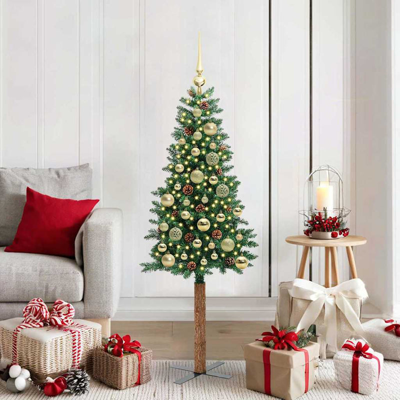 ギャラリービューアに画像をロードする, Vidaxl slanke kerstboom groen 150 cm pvc en massief dennenhout
