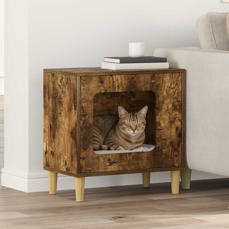 Afbeelding laden in galerijviewer, Vidaxl kattenhuis gerookt eiken 51 x 30 x 52 cm bewerkt hout