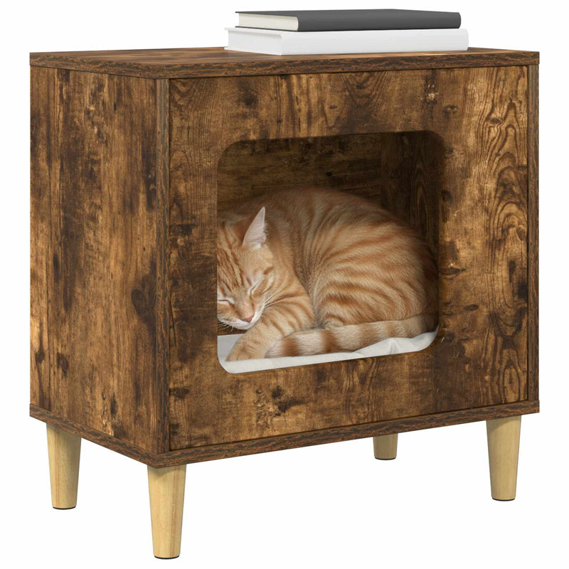 Afbeelding laden in galerijviewer, Vidaxl kattenhuis gerookt eiken 51 x 30 x 52 cm bewerkt hout