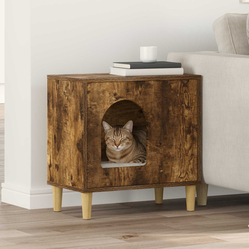 Afbeelding laden in galerijviewer, Vidaxl kattenhuis gerookt eiken 51 x 30 x 52 cm bewerkt hout