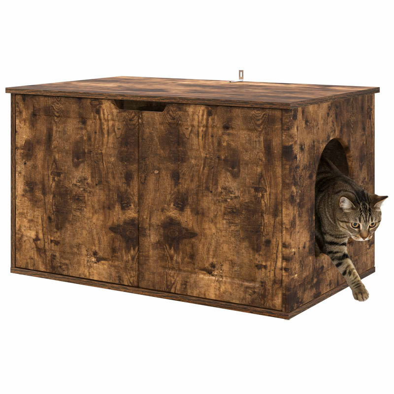 Afbeelding laden in galerijviewer, Vidaxl kattenhuis gerookt eiken 85 x 55 x 50,5 cm bewerkt hout
