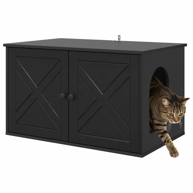 Afbeelding laden in galerijviewer, Vidaxl kattenhuis zwart 85 x 55 x 50,5 cm bewerkt hout